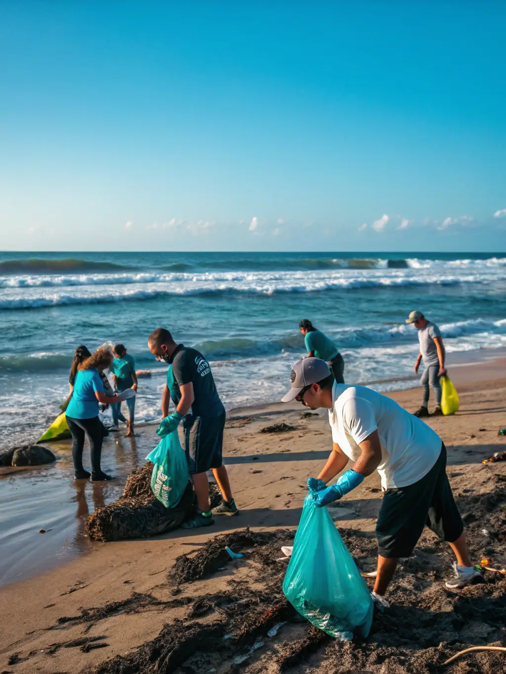 A serene image of a coastal cleanup project, showing volunteers removing plastic waste from a pristine beach, highlighting ETATS SAUVAGES' dedication to marine conservation and pollution reduction.