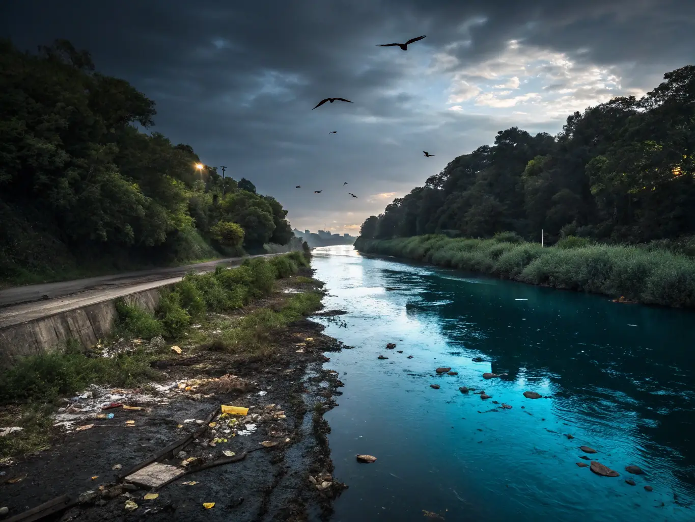 A before-and-after image showing a river before and after a cleanup initiative by ETATS SAUVAGES, demonstrating the impact of conservation efforts.