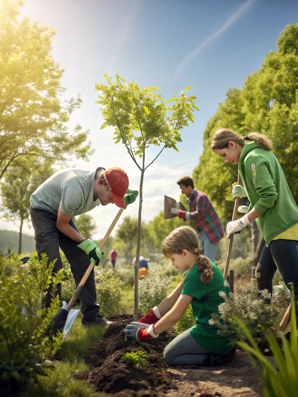 A vibrant image of a reforestation project in action, showcasing volunteers planting trees in a deforested area. The scene should convey hope and the tangible impact of ETATS SAUVAGES' efforts.