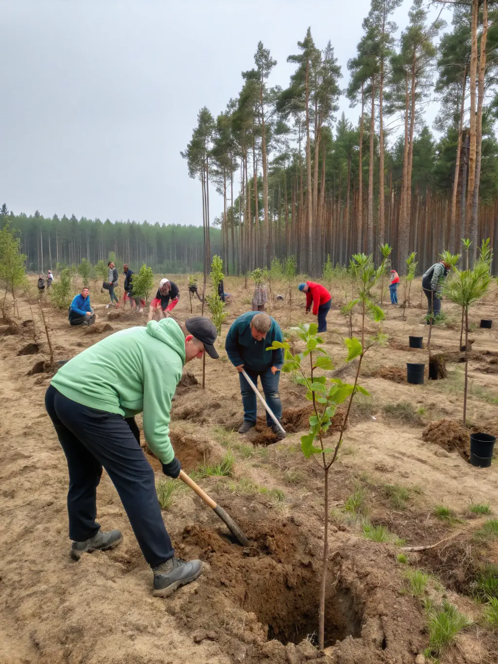 A vibrant image depicting a reforestation project in the Amazon rainforest, showcasing volunteers planting saplings with lush greenery in the background, symbolizing ETATS SAUVAGES' commitment to forest restoration.