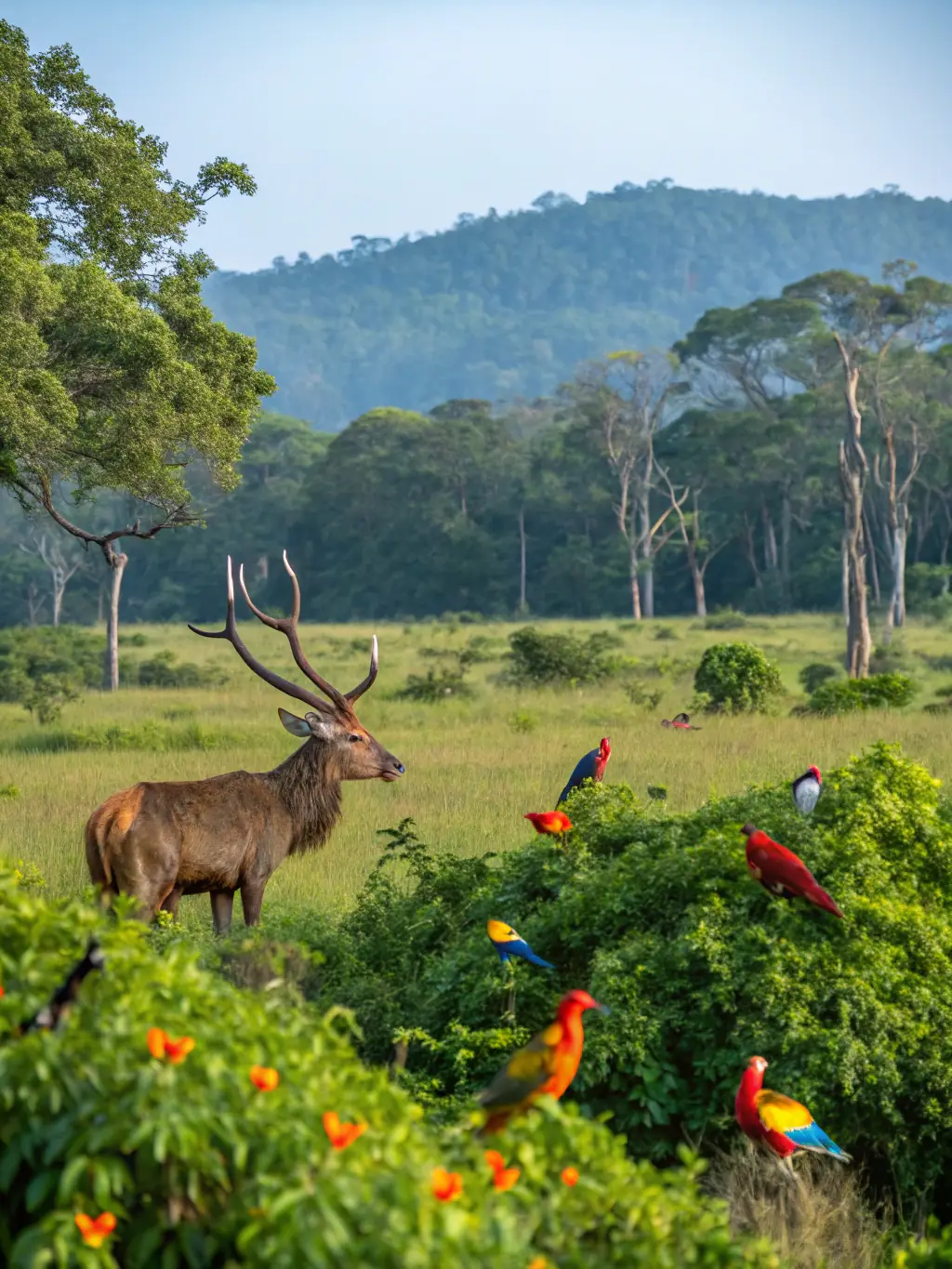A striking image of a protected wildlife reserve, showcasing diverse species thriving in their natural habitat. The photo should highlight the importance of biodiversity conservation.