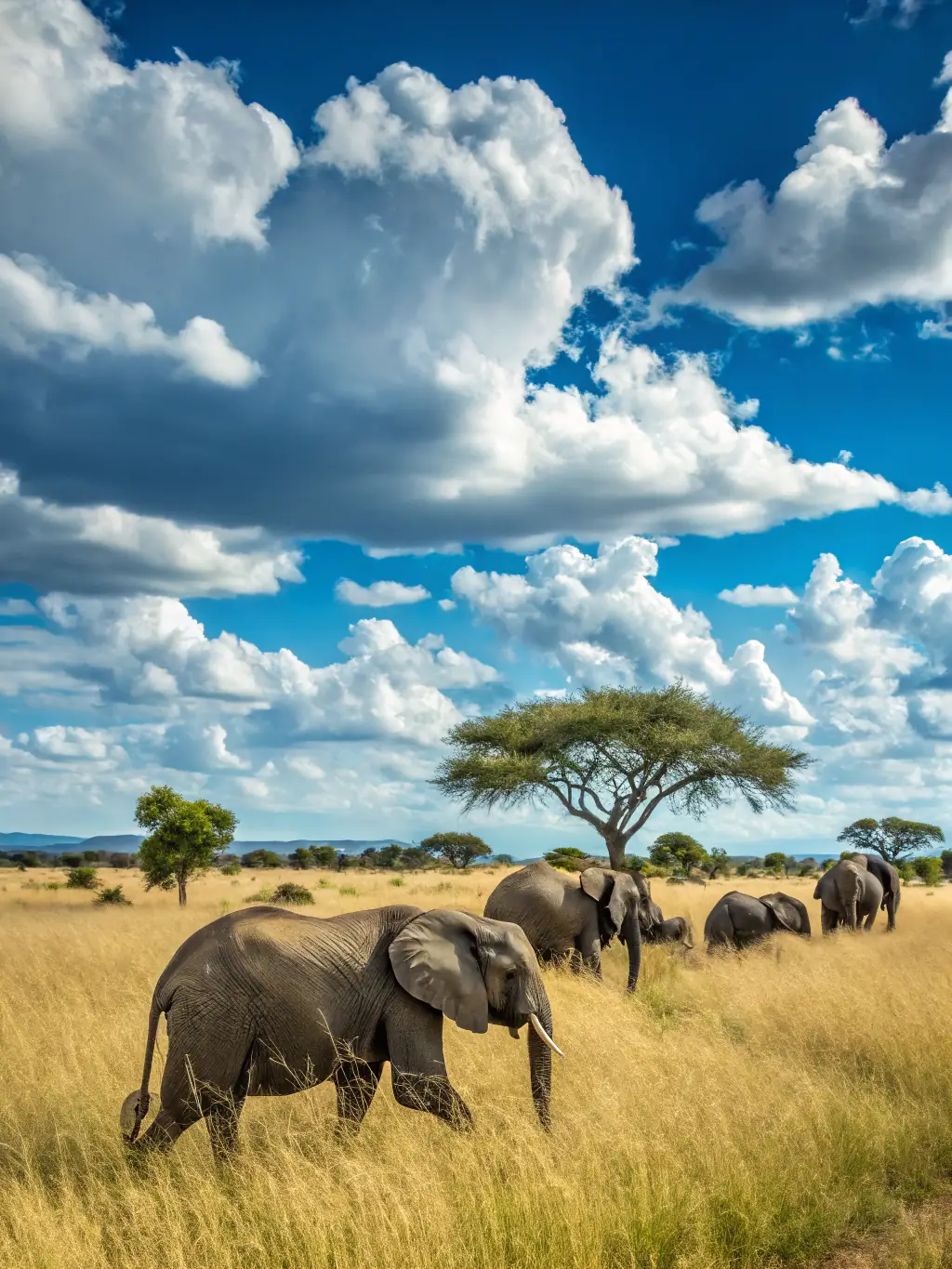 A captivating image of a wildlife sanctuary in Africa, featuring diverse species such as elephants, giraffes, and zebras roaming freely, representing ETATS SAUVAGES' efforts in protecting endangered wildlife habitats.