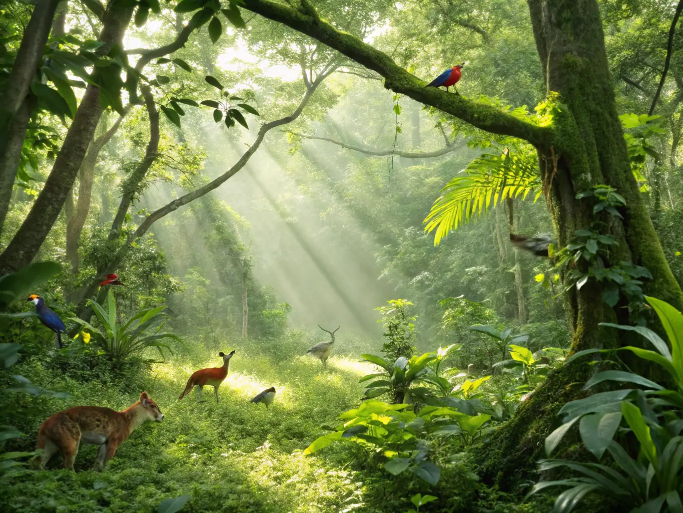 A vibrant image showcasing a restored forest area, teeming with wildlife, symbolizing the positive impact of ETATS SAUVAGES' reforestation efforts.