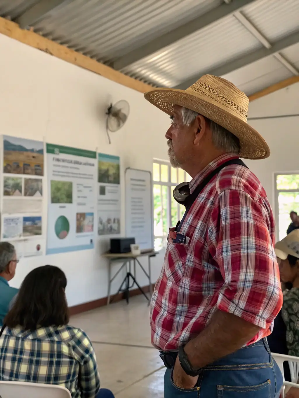 A photograph of a community workshop focused on sustainable agriculture, with local farmers learning about eco-friendly farming techniques. The image should emphasize collaboration and empowerment.