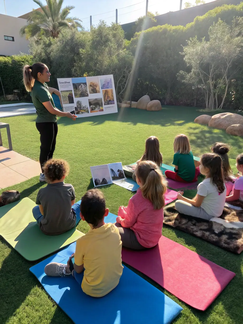 A photo of ETATS SAUVAGES team members conducting an environmental education program for local schoolchildren, teaching them about the importance of conservation. The image should convey enthusiasm and engagement.
