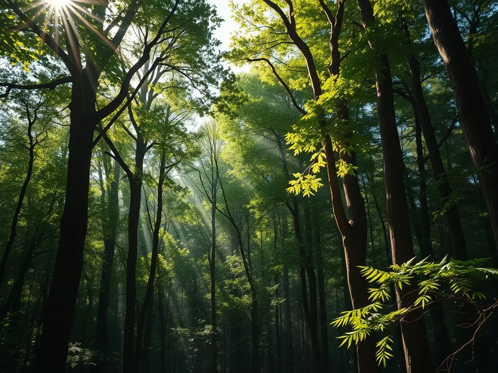 A vibrant, healthy forest teeming with diverse plant and animal life, showcasing the positive impact of ETATS SAUVAGES' reforestation efforts.
